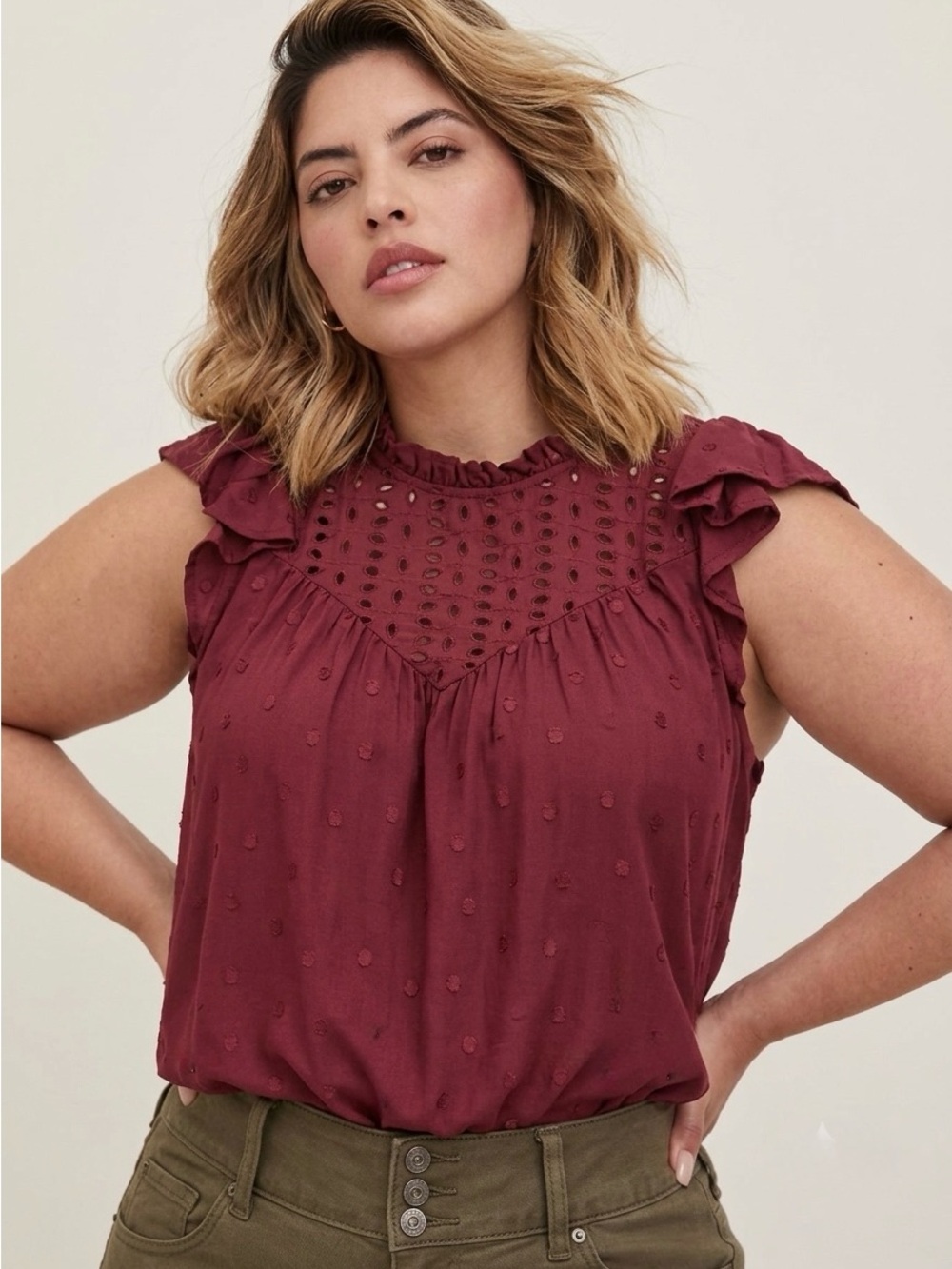 Torrid Burgundy Eyelet Short Flutter Sleeve Polka Dot Top Size 1X